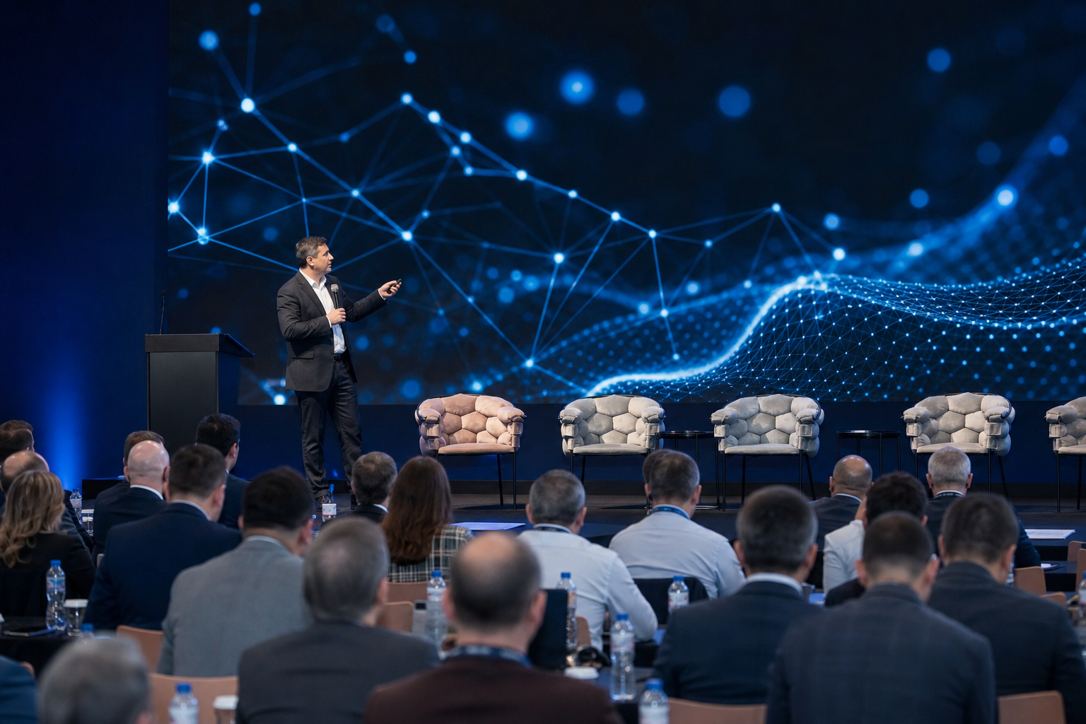 Firefly_Realistic conference photo, speaker presenting quantum communication and industrial c 907655